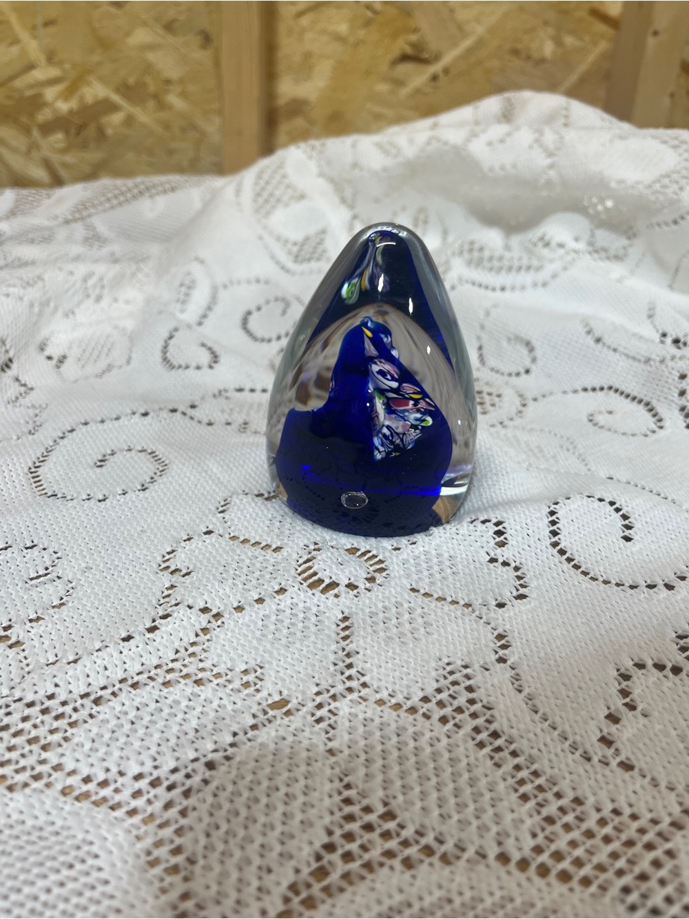 Cobalt Blue Glass Accent Paperweight with Millefiori Detail